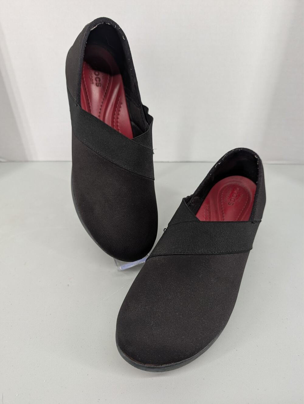 Crocs Womens Sz 9 Busy Day Dual Comfort 202852 Black Stretch Wedge Shoes